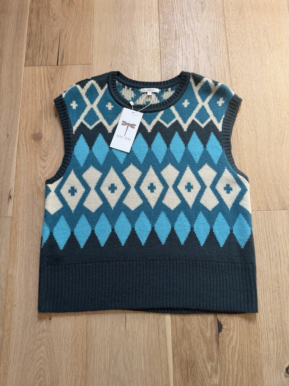NWT Tyler Boe Argyle Diamond Knit Wool Sleeveless Sweater Vest Teal Size Large